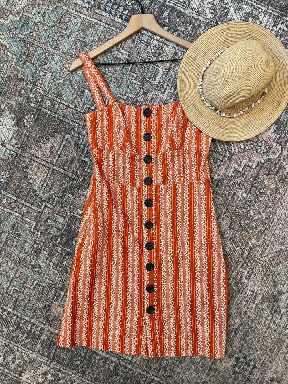 Roxy Sundress Size 7 Juniors Orange Cotton Button Front Striped Mini Dress
